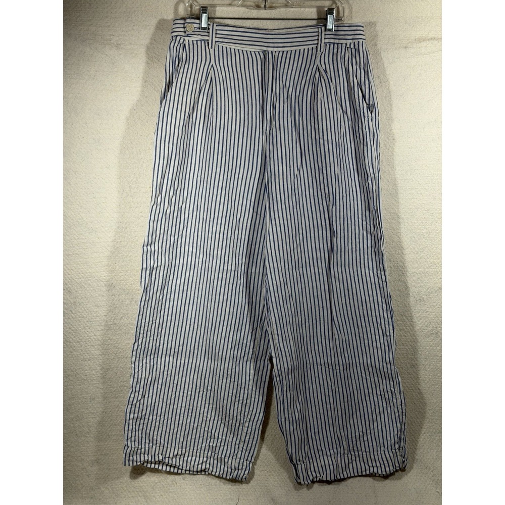 Madewell Wide Leg Crop‎ Pants Womens 14 Blue White Stripe Linen Coastal Boho